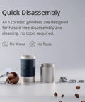 Disassembled Barista-Grade Manual Coffee Grinder With 48mm Stainless Steel Conical Burr components, compact and durable.