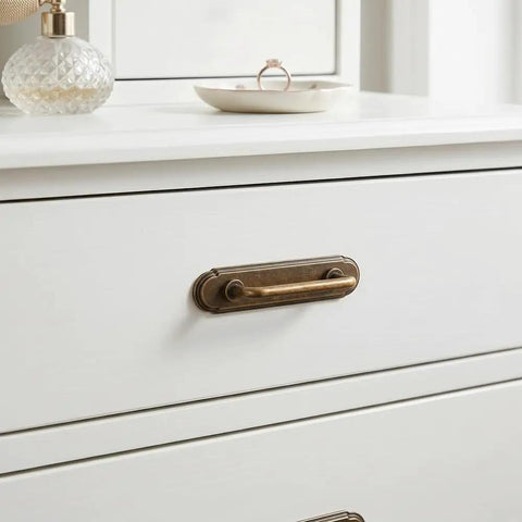 Antique Brass Cabinet Pulls With Backplates Set Of 2 3 Inch Hole Centers on white dresser drawer, vintage inspired zinc alloy.
