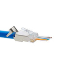 Close-up of a Cat6 Cat6A RJ45 Pass Through Modular Plug Shielded STP Ground Connector UL Listed EZ Crimp Gold Plated 3 Prong 8P8C