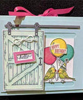 Greeting card with Door Background Clear Stamp and Die Set, featuring a door design, birds, and balloons for scrapbooking