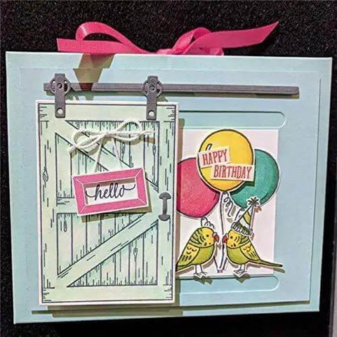Greeting card with Door Background Clear Stamp and Die Set, featuring a door design, birds, and balloons for scrapbooking