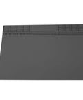 Top Shelf Anti Static Soldering Mat With ESD Safe Silicone Surface, No Nonsense Heat Resistant Repair Pad for Computer and Phone Tech Work, flat grey layout with sections for components.