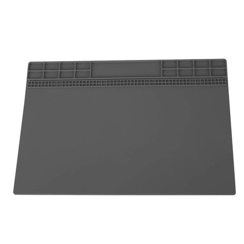 Top Shelf Anti Static Soldering Mat With ESD Safe Silicone Surface, No Nonsense Heat Resistant Repair Pad for Computer and Phone Tech Work, flat grey layout with sections for components.