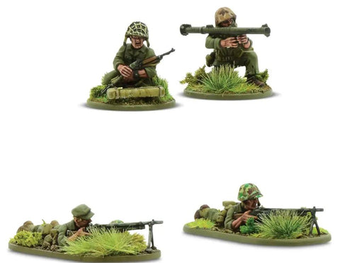 Painted figures from Pacific Theater US Marines Bolt Action 28mm Plastic Miniatures Set for WWII gaming and historical dioramas.