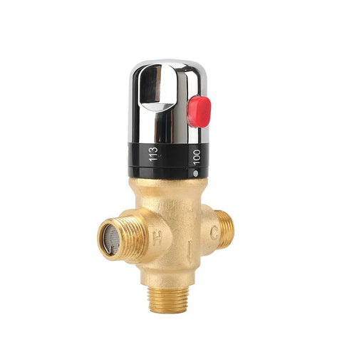 TreMax thermostatic shower mixing valve with golden brass body, chrome cap, red adjustment knob