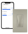 Radiant WNRH1NI In Wall Smart Gateway With Netatmo next to phone app interface, nickel finish, mesh lighting control
