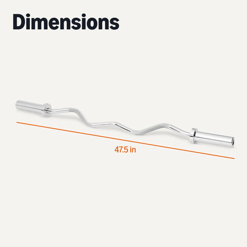 47 Inch Olympic Curl Barbell Bar With Non Slip Knurled Grip Chrome Finish For Biceps Triceps And Back Exercises, shown in 47.5 in length