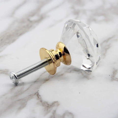 Diamond Cut Crystal Cabinet Knobs, 6 Pack 30mm Drawer Pulls, Gold Plated Base, featuring clear geometric glass and metal screw.