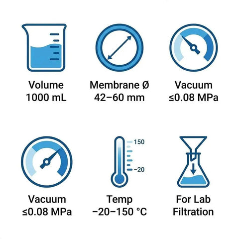 Glass Vacuum Filtration Set With 1000 mL Flask And 300 mL Funnel, 10 Micron Pore For Lab Liquid Clarification, icons showing specifications