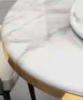 Close-up of Kickback Ready Round Marble Dining Table Built For Epic Weekend Hangouts Featuring A Smooth White Spinning Lazy Susan.