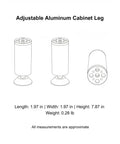 Diagram of Rock Solid Adjustable Height Aluminum Cabinet Leg with three views, dimensions, and weight details.