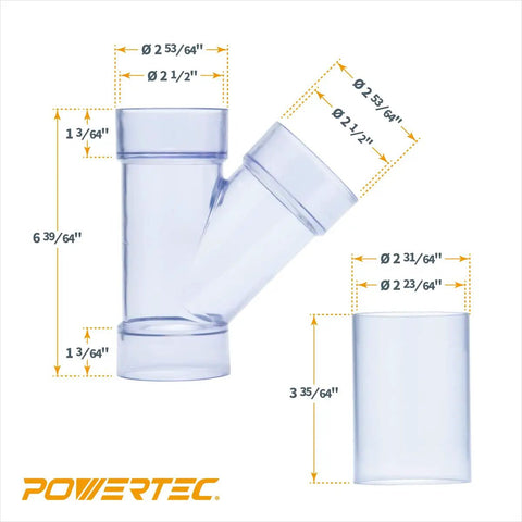 Two Point Five Inch ID Y Fitting For Two Point Five Inch OD Dust Collection Pipes With Built In Coupler And Bonus Splice includes measurements