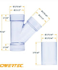 Two-Pack 2-1/2 Inch ID Y Fittings For 2-1/2 Inch OD Dust Collection Pipes With Built-In Couplers And Splices shown with measurements