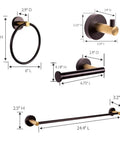 Kelton 4 Piece Matte Black And Satin Gold Bath Accessory Set with dimensions, including towel bar, ring, toilet paper holder, and hook