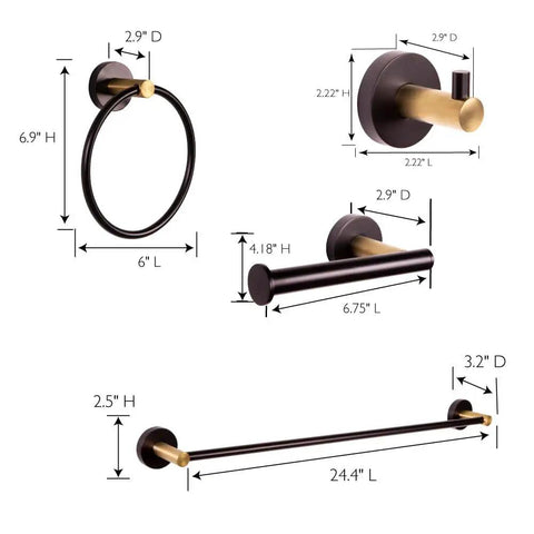 Kelton 4 Piece Matte Black And Satin Gold Bath Accessory Set with dimensions, including towel bar, ring, toilet paper holder, and hook