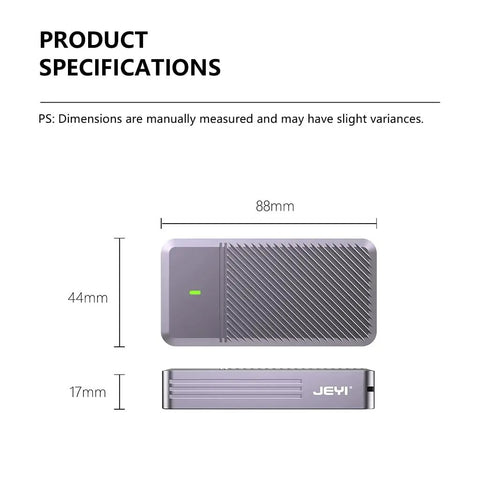 Next Level M.2 NVMe 2280 Hard Drive Enclosure With Thunderbolt 5 Hookup dimensions shown, measuring 88mm x 44mm x 17mm.