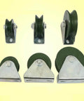 EVXOIJM V-groove caster wheel set with green wheels and metal mounting brackets; front and side views