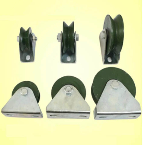 EVXOIJM V-groove caster wheel set with green wheels and metal mounting brackets; front and side views