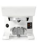 Pro Grade Automated Coffee Tamper Engineered For Mythos And Nuova Simonelli Grinders showing white design with 58mm base and pressure settings.