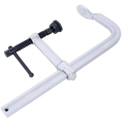 Heavy Duty 12 Inch F Clamp With Drop Forged Arm And Black Oxide Spindle For Woodworking Welding Metalworking DIY Projects With Quick Twist Pads That Hold Strong, close-up view of clamp with black spindle and twist pads.