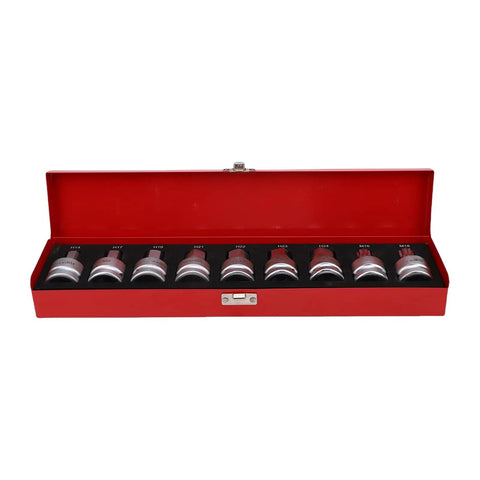 Rock Solid 9 Pcs Heavy Duty Impact Hex Bit Socket Set With 3 4 Inch Drive, Features Cr Mo Steel Build For Big Jobs Like H14 To H24 Size Allen And M16 M18 Spline Bits That Save Your Tools During Tough Repairs, red case open with sockets