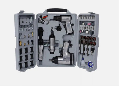71 Piece Air Tool Accessory Kit With Beefy 1/2 Inch Impact Wrench, Air Hammer, 3/8 Inch Drive Ratchet, Die Grinder in a grey case