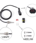 One Eighth Inch NPT Universal Oil Water Coolant Temperature Electrical Sender Transmitter Sending Unit Dual Wire Temp Sensor For Cars And Trucks Direct Replacement For Faulty Oil Or Water Temperature Gauges DIY Plug And Play Install components displayed.