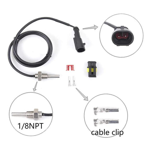 One Eighth Inch NPT Universal Oil Water Coolant Temperature Electrical Sender Transmitter Sending Unit Dual Wire Temp Sensor For Cars And Trucks Direct Replacement For Faulty Oil Or Water Temperature Gauges DIY Plug And Play Install components displayed.