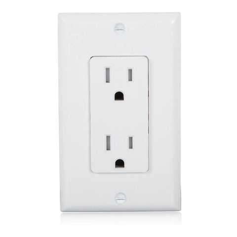 Tamper Resistant Duplex Receptacle White Wall Outlet 15 Amp Standard Decorative Electrical Outlet Contractor Pack With Wall Plates Included Easy Push In And Terminal Screw Installation 10 Pack, showing a front view of the outlet on a white wall plate.