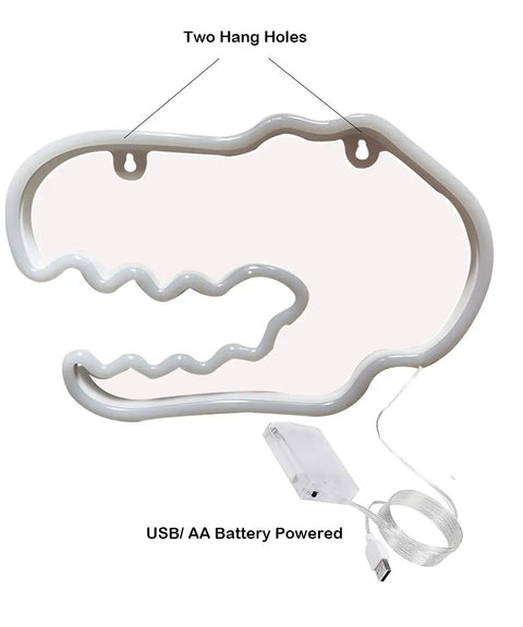 Back of Totally Lit Dinosaur Head Neon Sign For Kids Bedroom Decor USB Or Battery Powered Neon Light with hang holes visible.