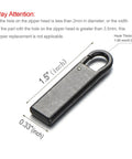 Close-up of Zipper Pull Replacement Metal Handle Kit for Luggage and Bags 4 Pack Zinc Alloy With Steel Spring Vintage Black Gloss Finish