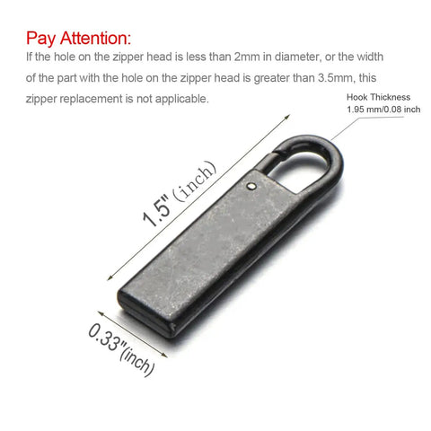 Close-up of Zipper Pull Replacement Metal Handle Kit for Luggage and Bags 4 Pack Zinc Alloy With Steel Spring Vintage Black Gloss Finish