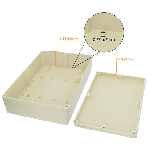 Heavy IP65 Waterproof Junction Box Universal Electrical Enclosure Built From ABS Plastic Foolproof Wiring Case In Pale Gray demonstrating interior dimensions and lid specifications.