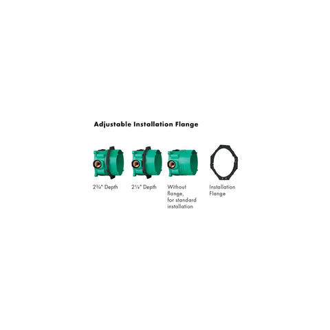 Installation options for IBox Universal Plus Shower Rough In With Service Stops Three Quarter Inch, showing adjustable flange depth.