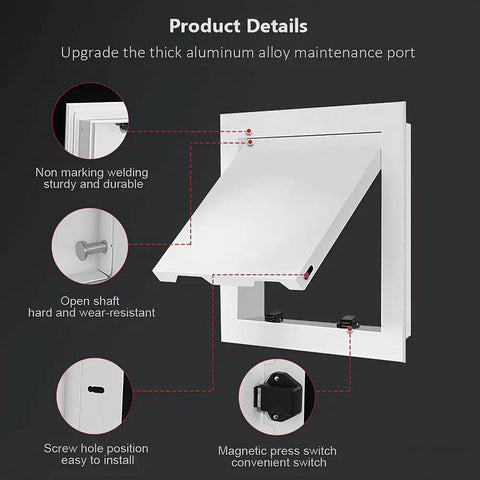Rock Solid 2 Pack 12X12 Inch Metal Access Panels With Strong Magnetic Latch, showing aluminum alloy maintenance port details.