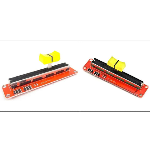 Two Pack 10K Linear Slide Potentiometer Module With Dual Analog Outputs For Arduino And MCU Projects 3.3V To 5V Compatible Compact 90 By 20 Millimeter Lightweight 20 Grams, showing front and side views.