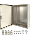 Heavy Duty Carbon Steel Electrical Enclosure 10x8x6 Inch IP66 Waterproof Metal Junction Box opened with hardware visible.