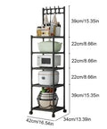 Super Tough As Nails Five Tier Rolling Shelving Unit Heavy Duty Storage Rack with kitchen items and dimensions visible.