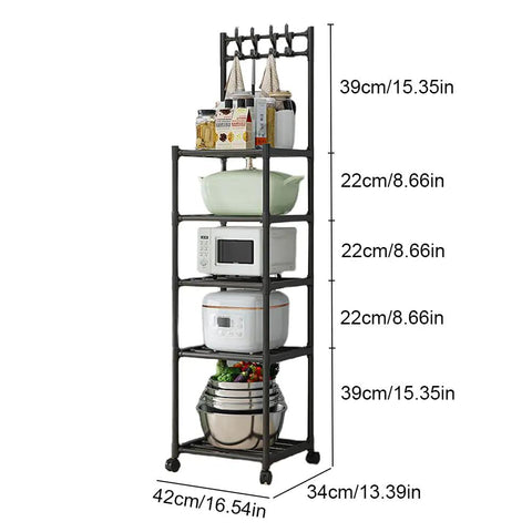 Super Tough As Nails Five Tier Rolling Shelving Unit Heavy Duty Storage Rack with kitchen items and dimensions visible.