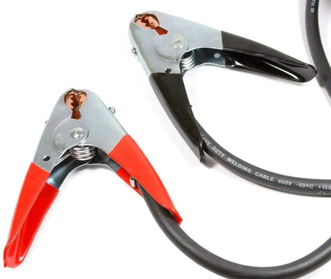 Close-up of 500 amp clamps with black and red grips on Beefy 20 Foot Heavy Duty Jumper Cables With Four Gauge Copper Welding Cable USA Made