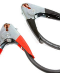 Close-up of Heavy Duty Battery Jump Cables 4 Gauge 25 Feet Long With Premium Copper Welding Cable and 500 Amp Clamps On Both Ends