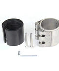 Pipe repair clamp kit with stainless steel clamp, black plastic sleeve, for 20–23 mm plastic and metal pipes; includes two bolts and hex key.