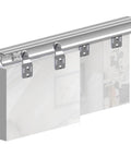 Sliding Closet Door Hardware Kit With 47 Inch Double Track For Two Bypass Doors Up To 100 Lbs Per Door Ceiling Mounted Top Hung Track Cut To Fit Five Eighths To One And A Half Inch Doors In Silver Finish.