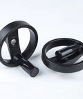 Rock Solid Two Spoke Foldable Hollow Handwheel With Crank Handle And 10 To 20mm Bore for industrial use, featuring a sturdy black design.