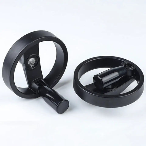 Rock Solid Two Spoke Foldable Hollow Handwheel With Crank Handle And 10 To 20mm Bore for industrial use, featuring a sturdy black design.