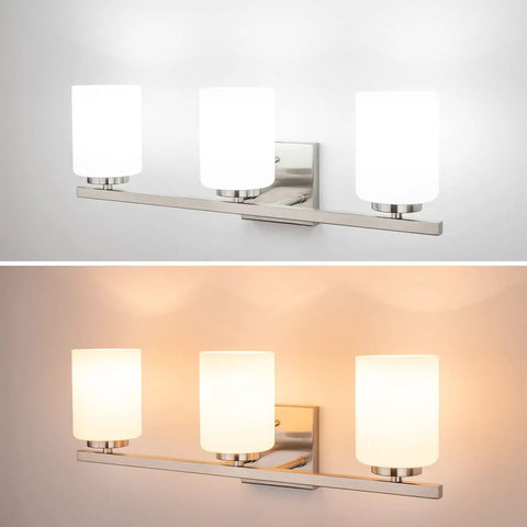 22 Inch 3 Light Modern Bathroom Vanity Light With Etched White Glass Shades In Brushed Nickel Finish ETL Listed
