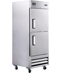 Commercial Reach In Split Door Freezer With Dual Solid Doors And Twenty Three Cubic Feet Of Badass Cold Storage For Quick Bites Kitchens Plus Corner Shops Featuring No Fuss Digital Thermostat Controls Sleek Wire Shelving Racks in stainless steel finish.