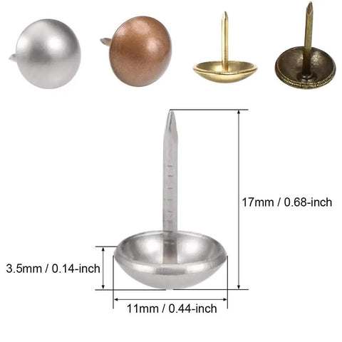 Hella Sturdy Gold Upholstery Tacks 100 Pack Set for Furniture Nailhead, showing various decorative tacks with sizes marked.