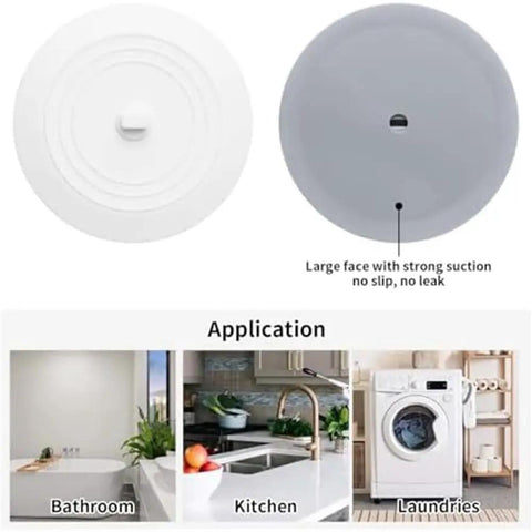 TKOWTB Bathtub Drain Stopper Silicone Drain Plug with Strong Suction Seal, two sizes shown, universal for bathroom, kitchen, and laundries.