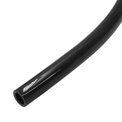 Close-up of Three Eighths Inch Black PU Pneumatic Tubing Air Hose Lightweight Flexible Line For Water And Fluid Transfer And Air Compressors, 32.8 Feet Long, 10 Meters